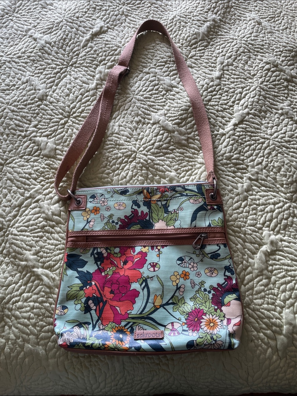 Sakroots Floral Crossbody Bag in Mint and Pink Strap